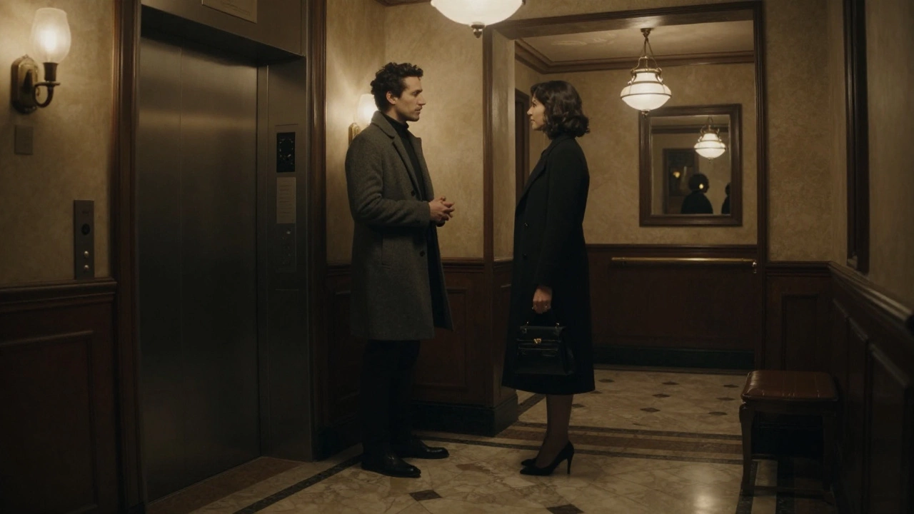 A man and woman exchange a quiet nod in a luxurious hotel lobby, their interaction respectful and unspoken.