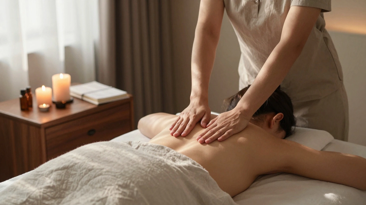 A therapeutic massage takes place in a softly lit hotel room, with candles, linen, and natural sunlight creating a serene atmosphere.